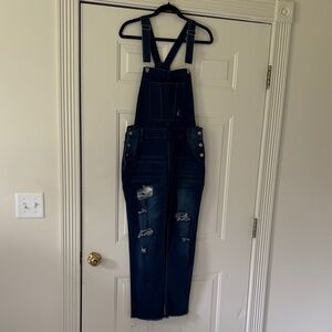 Dark Wash Distressed Denim Overalls